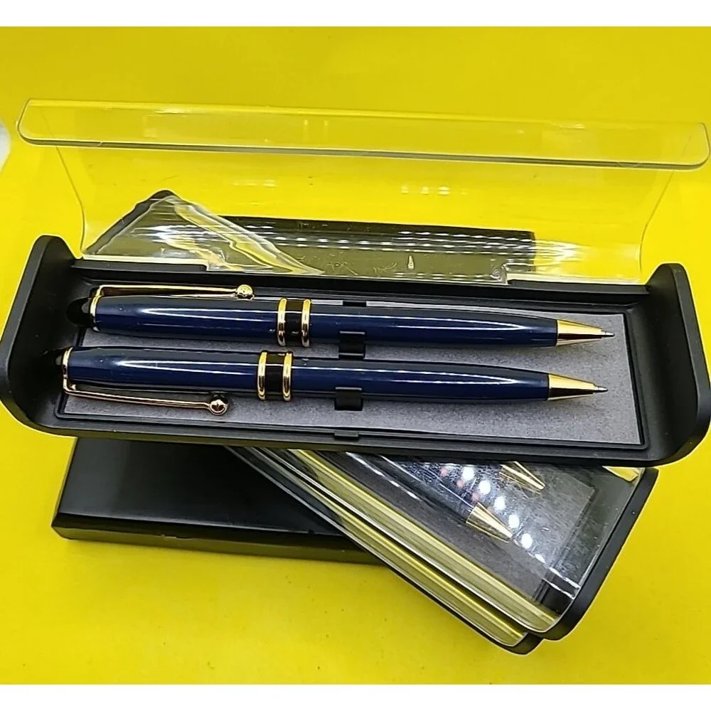 Set Of 2 Matching Blue Ballpoint Pens In Clear Lucite Case- Taiwan